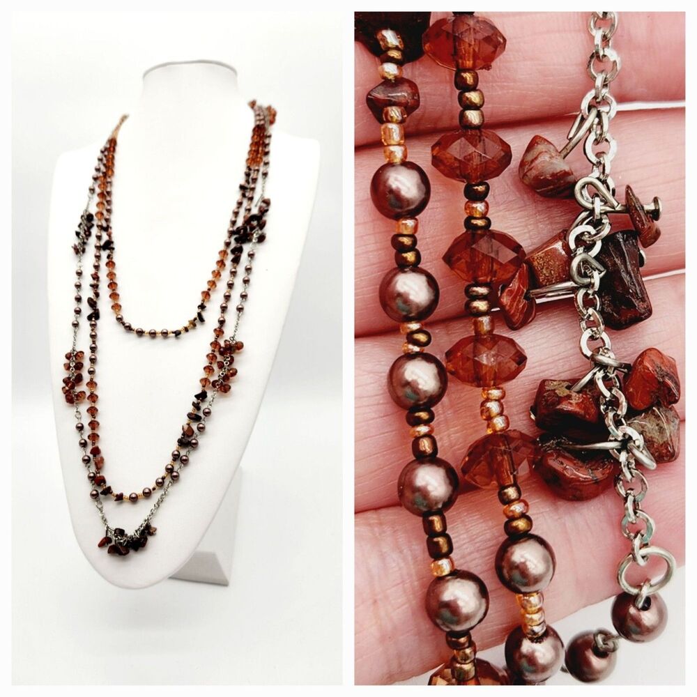 Triple Strand Amber Brown Red Genuine Stone Copper Bead Silver Tone Necklace